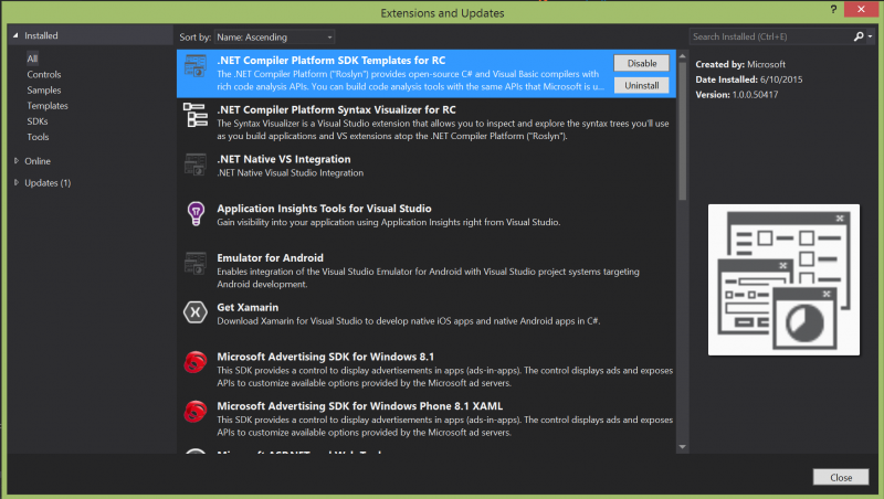 Extensions and Updates Dialog with .Net Compiler Platform SDK Templates for RC selected